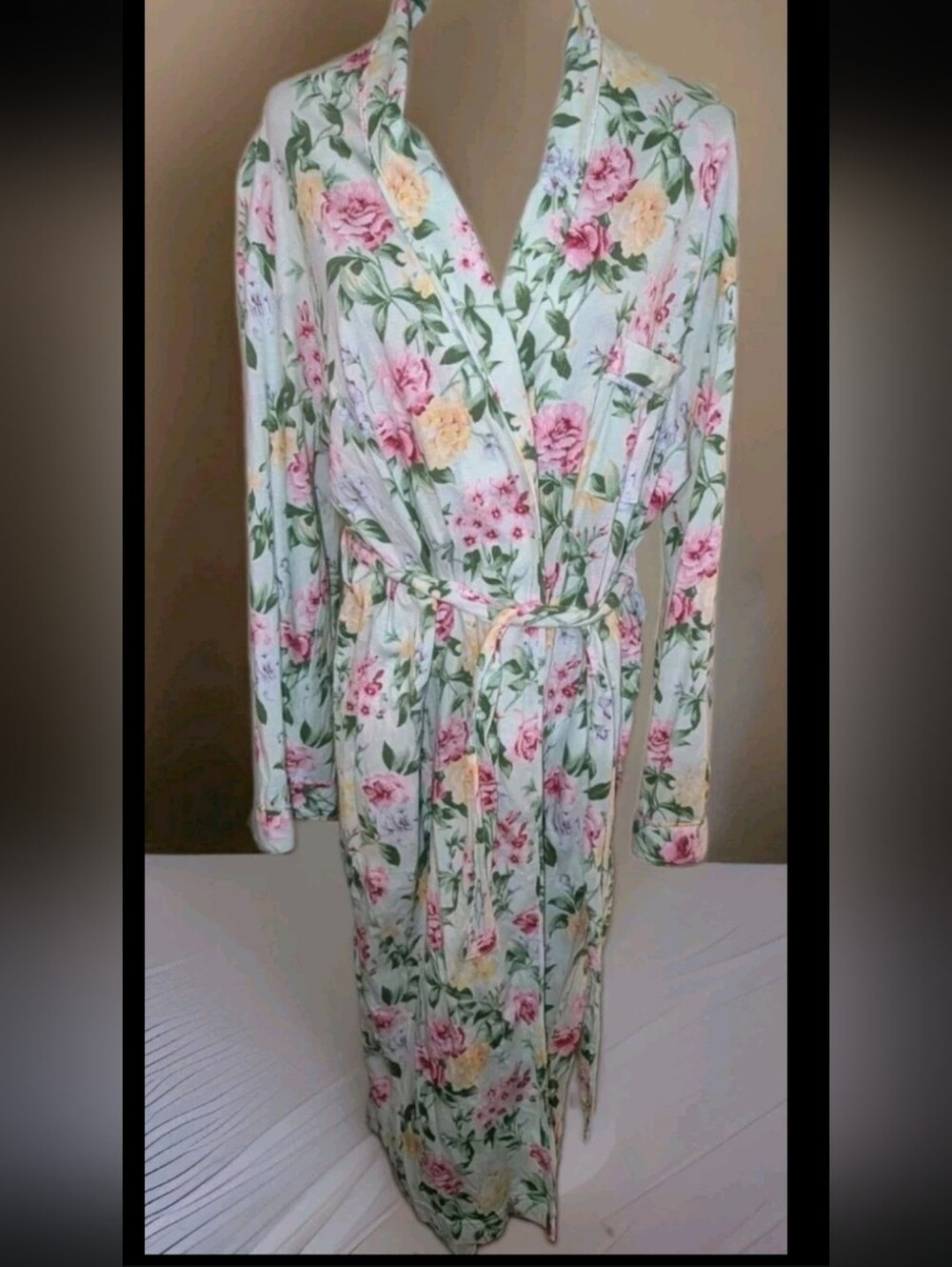 Vintage Talbots green pink floral Bathrobe Belted Cotton Lounge Robe pet medium